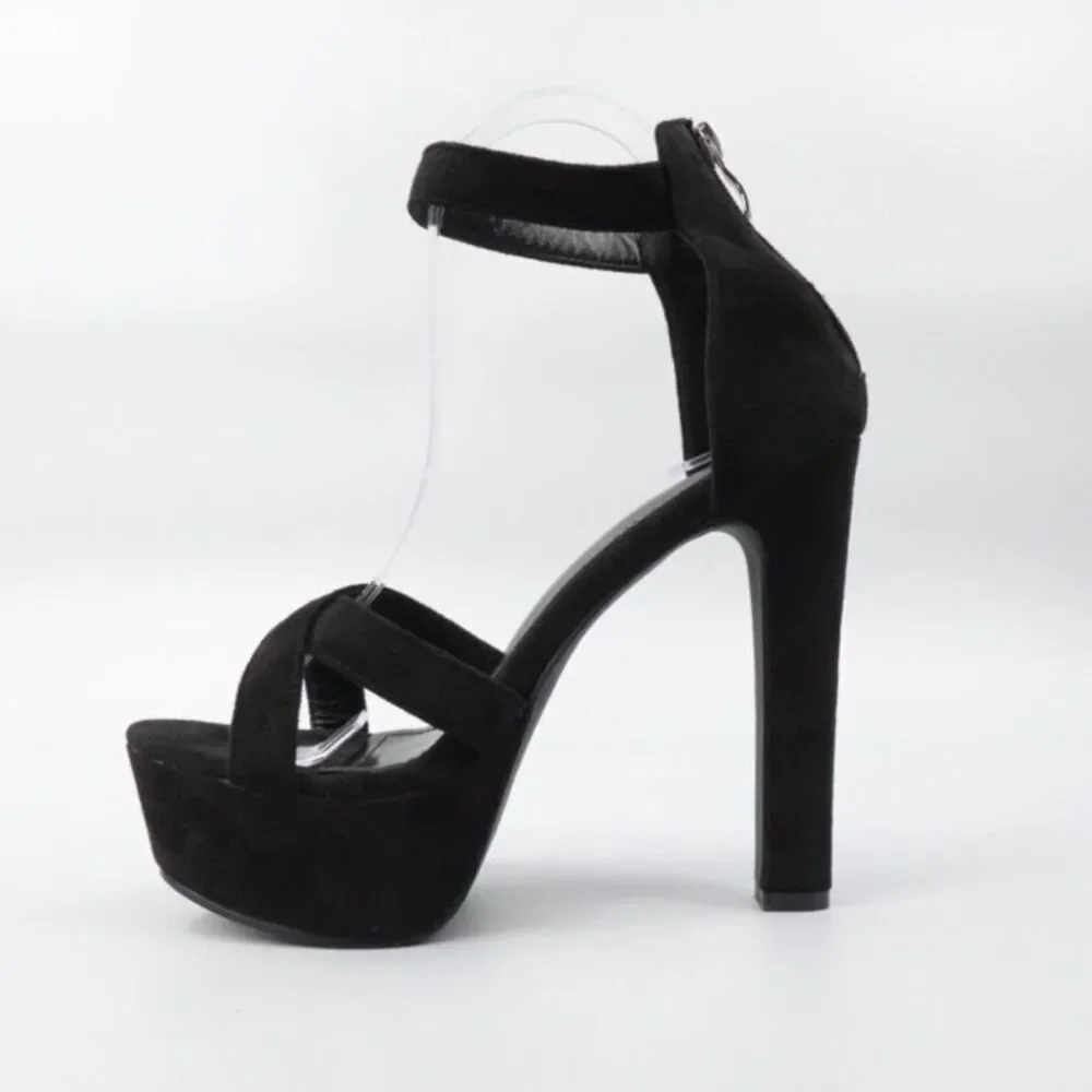 Black Chunky Platform Heels Size 7 Faux Suede Ankle Strap Pumps NIB